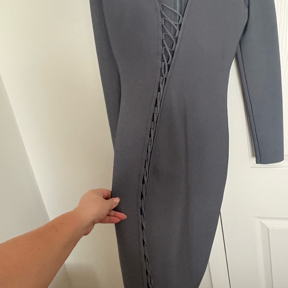 Elegant Long Sleeve Gray Dress with Lace-Up Detail